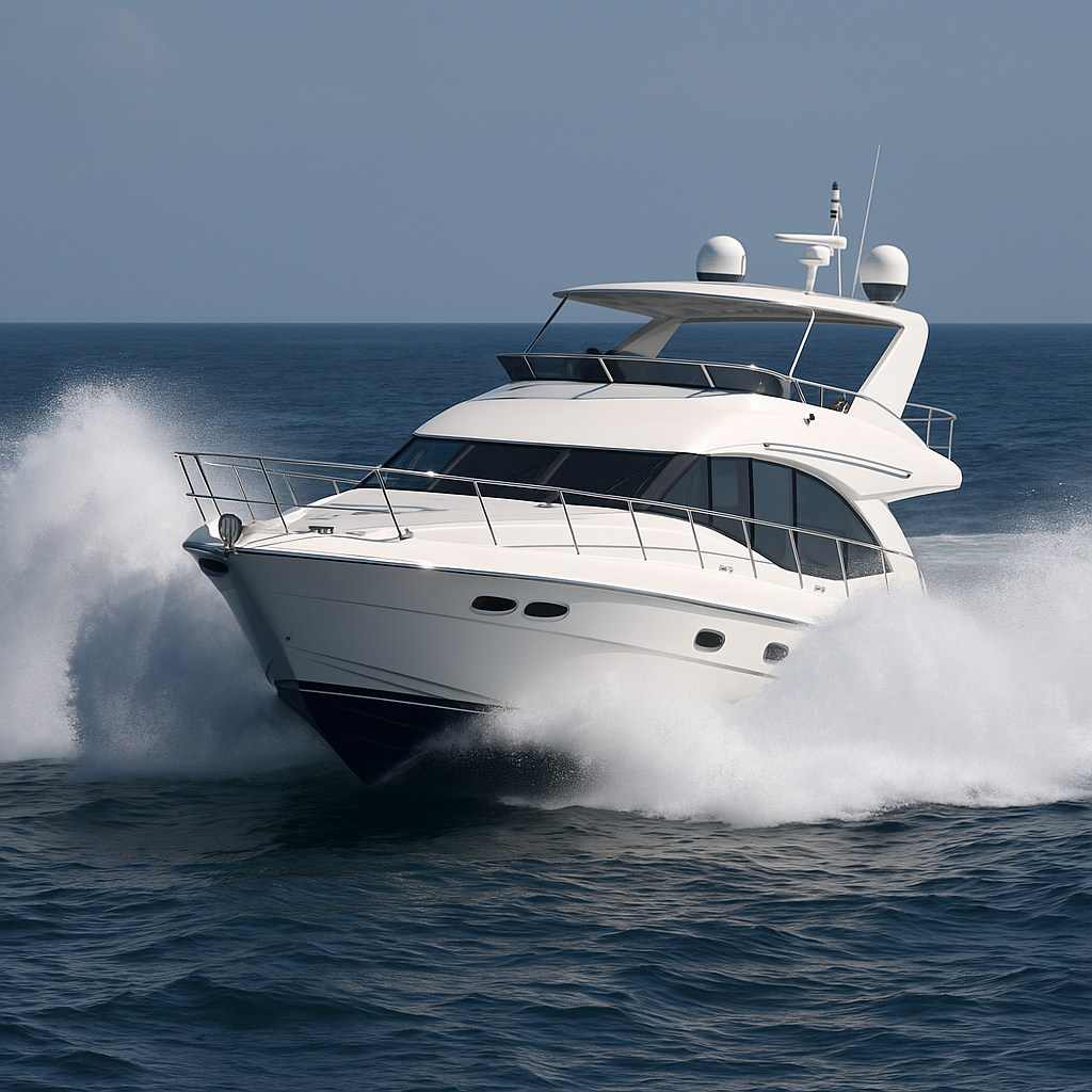 Motoryacht mit großer Bugwelle
